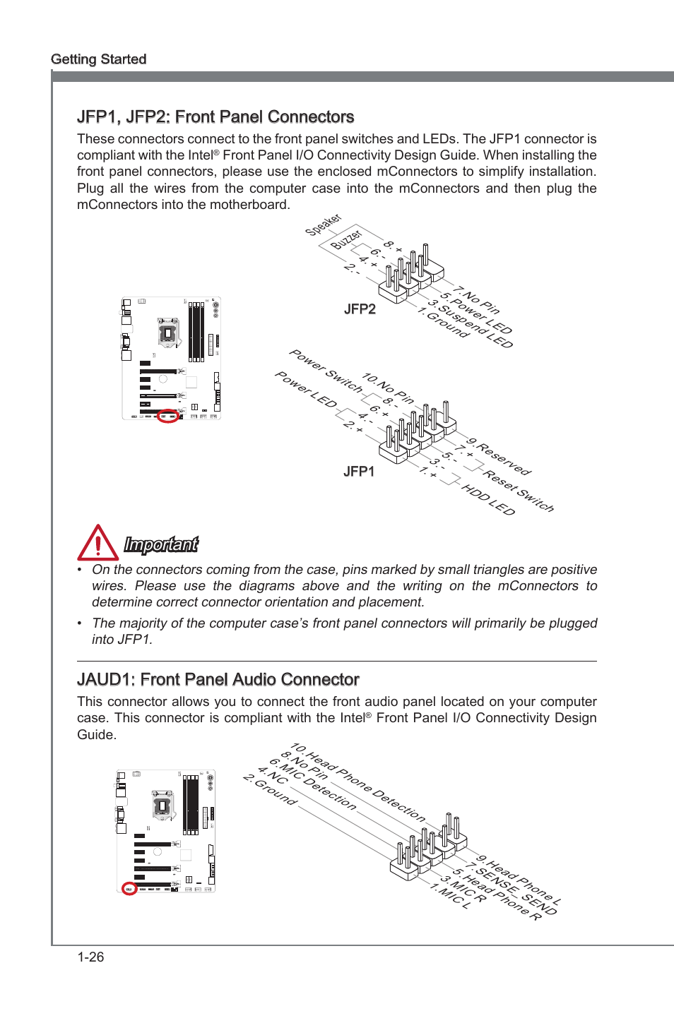 Jaud1, Front panel audo connector, Jfp1, jfp2 | Front panel connectors, Jfp1, jfp2: front panel connectors, Important, Jaud1: front panel audo connector | MSI Z77A-GD65 GAMING User Manual | Page 36 / 98