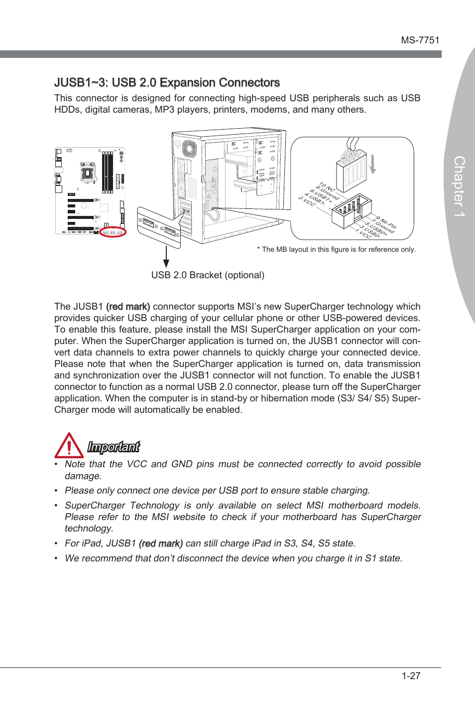 Jusb1~3, Usb 2.0 expanson connectors, Chapter 1 | Jusb1~3: usb 2.0 expanson connectors, Important | MSI Z77A-GD65 GAMING User Manual | Page 37 / 98