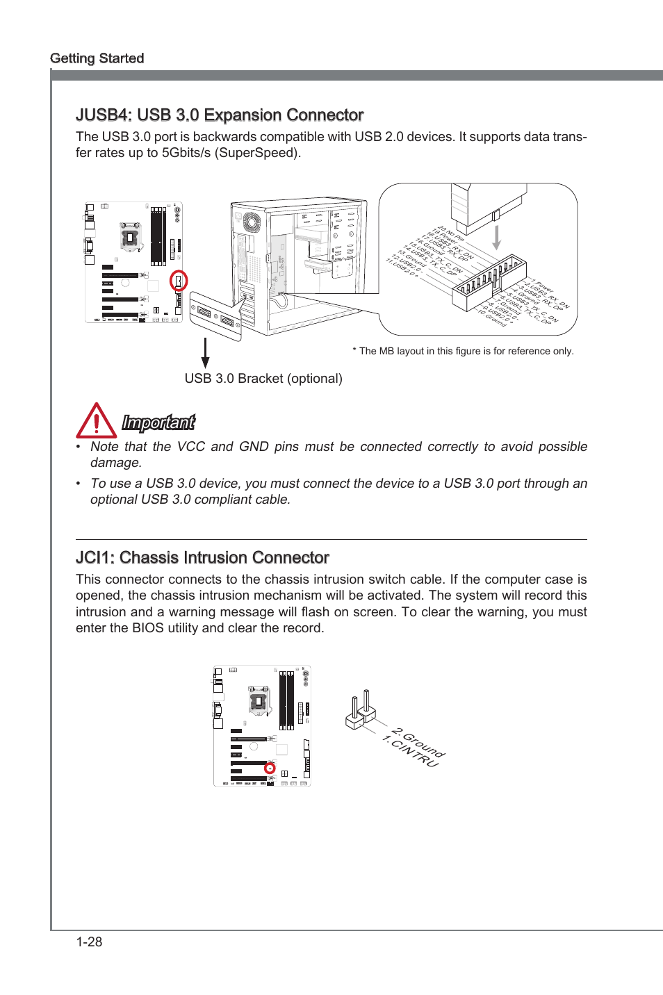 Jci1, Chasss intruson connector, Jusb4 | Usb 3.0 expanson connector, Jusb4: usb 3.0 expanson connector, Important, Jci1: chasss intruson connector, 28 gettng started, Usb 3.0 bracket (optonal), Cin tru 2.gro und | MSI Z77A-GD65 GAMING User Manual | Page 38 / 98