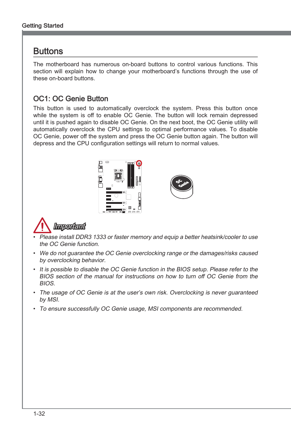 Oc gene button, Buttons, Oc1: oc gene button | Important | MSI Z77A-GD65 GAMING User Manual | Page 42 / 98