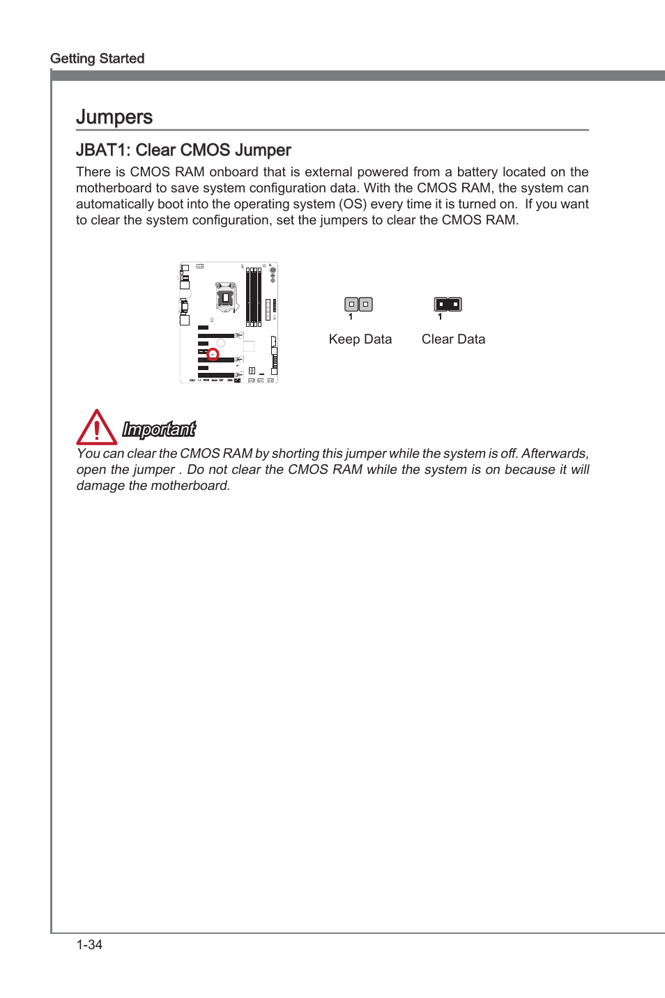 Jbat1, Clear cmos jumper, Jumpers | Jbat1: clear cmos jumper, Important | MSI Z77A-GD65 GAMING User Manual | Page 44 / 98