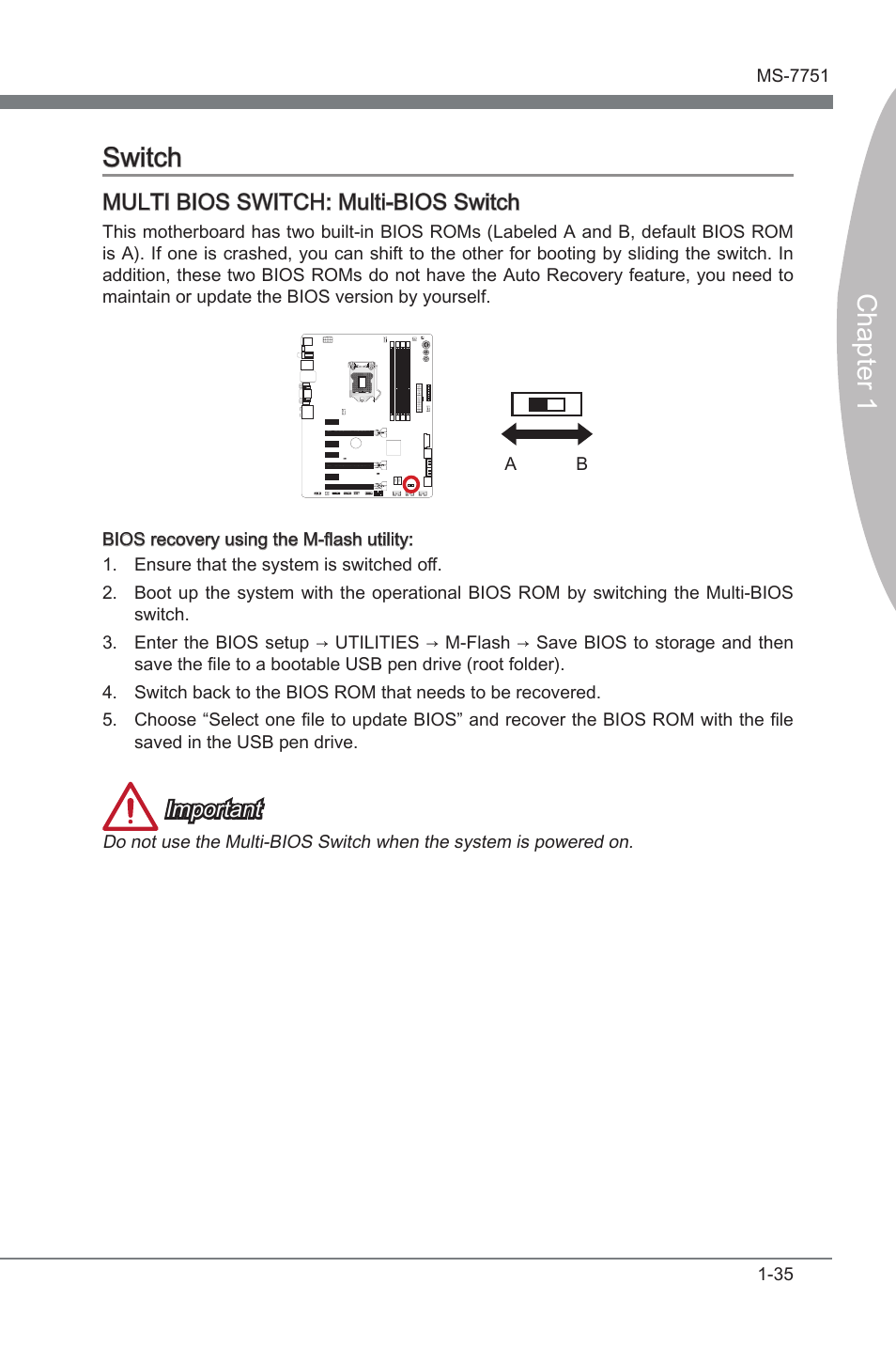 Multi bios switch, Mult bios swtch, Chapter 1 swtch | Multi bios switch: mult-bios swtch, Important | MSI Z77A-GD65 GAMING User Manual | Page 45 / 98