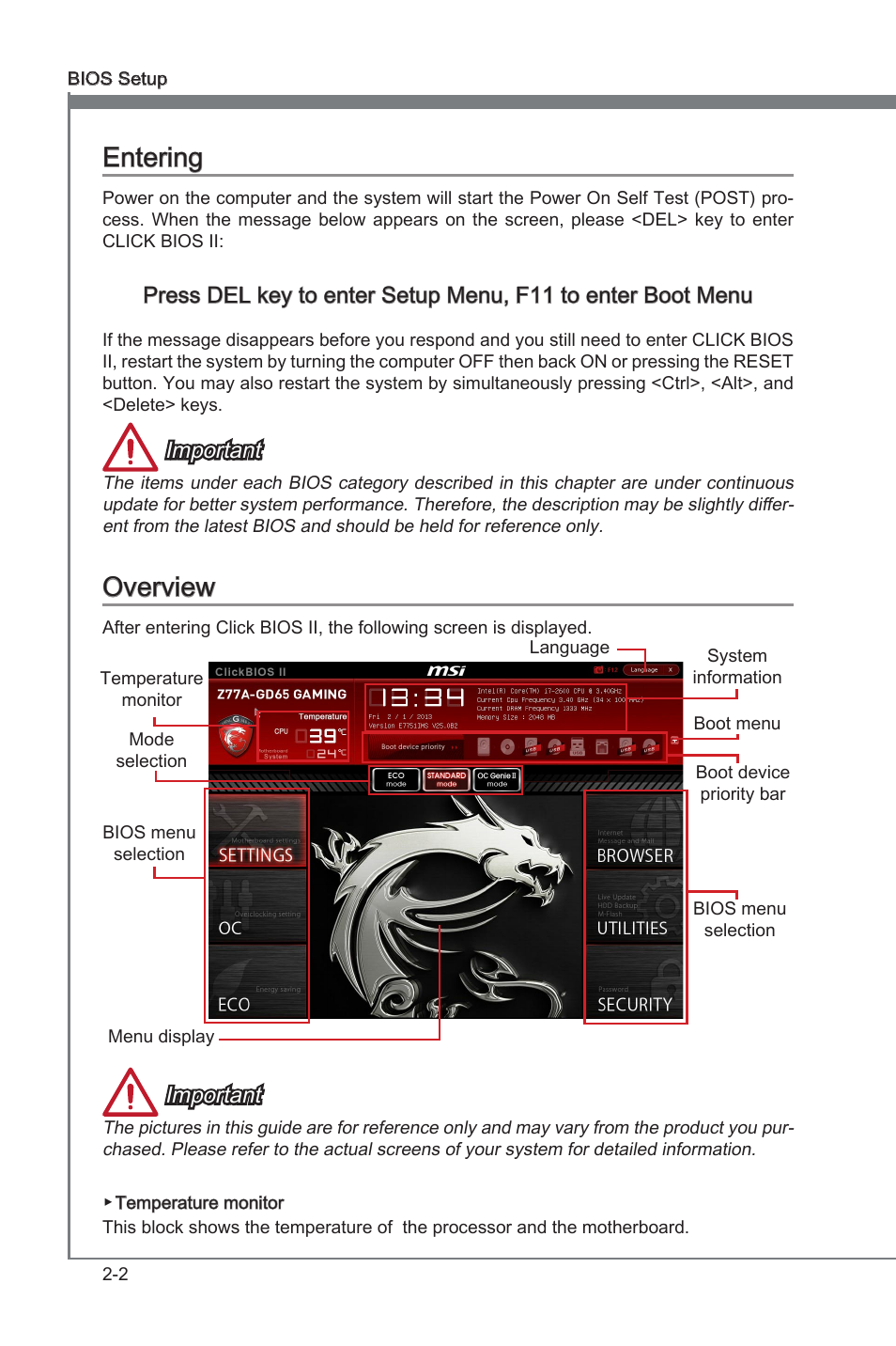 Enterng, Overvew, Important | MSI Z77A-GD65 GAMING User Manual | Page 50 / 98