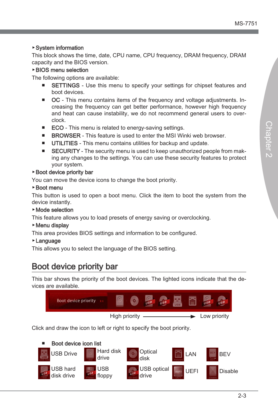 Chapter 2, Boot devce prorty bar | MSI Z77A-GD65 GAMING User Manual | Page 51 / 98