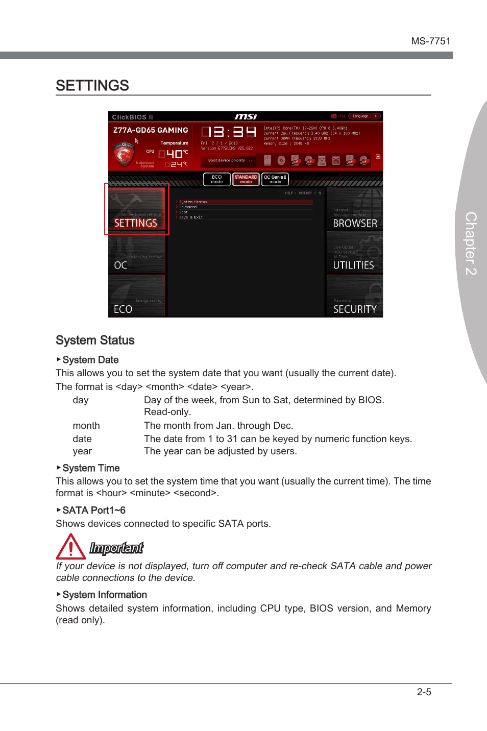 Chapter 2 settings, System status, Important | MSI Z77A-GD65 GAMING User Manual | Page 53 / 98