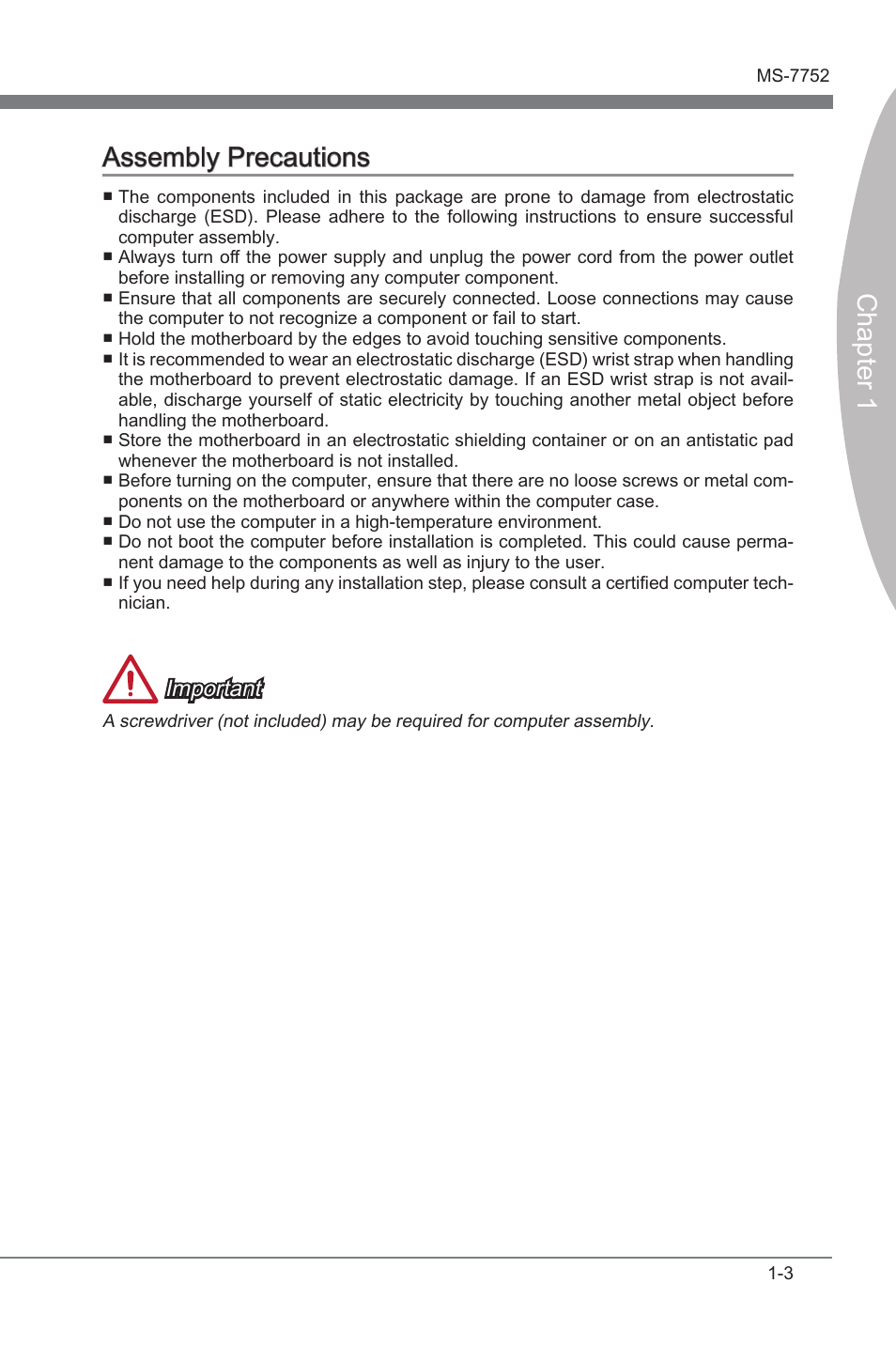 Assembly precautons -3, Chapter 1 assembly precautons, Important | MSI Z77A-G45 GAMING User Manual | Page 15 / 96