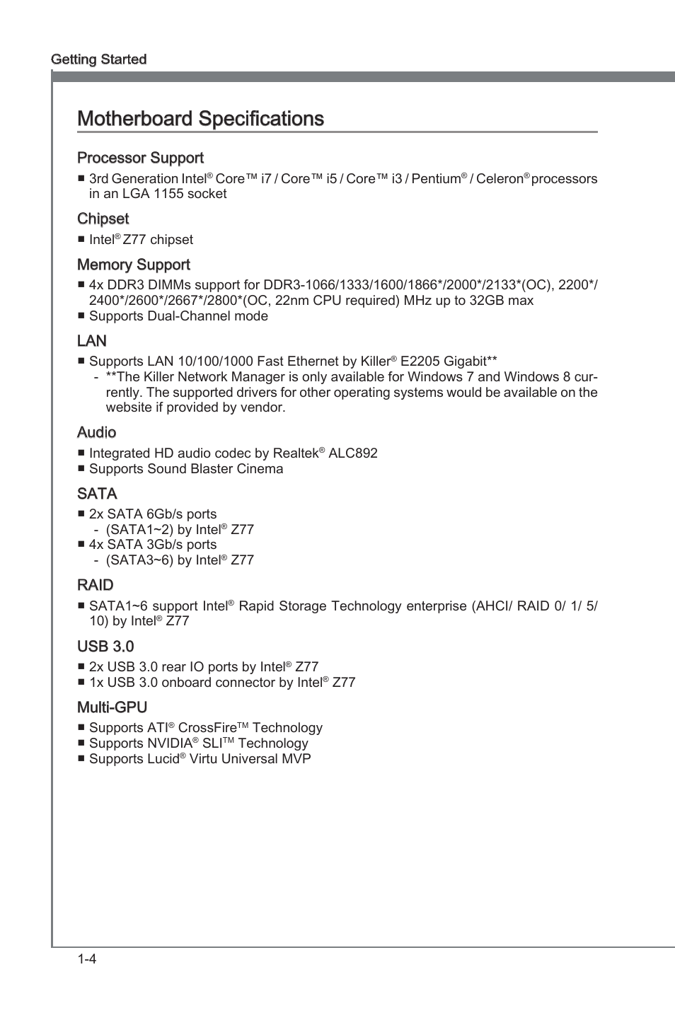 Motherboard specficatons -4, Motherboard specficatons | MSI Z77A-G45 GAMING User Manual | Page 16 / 96