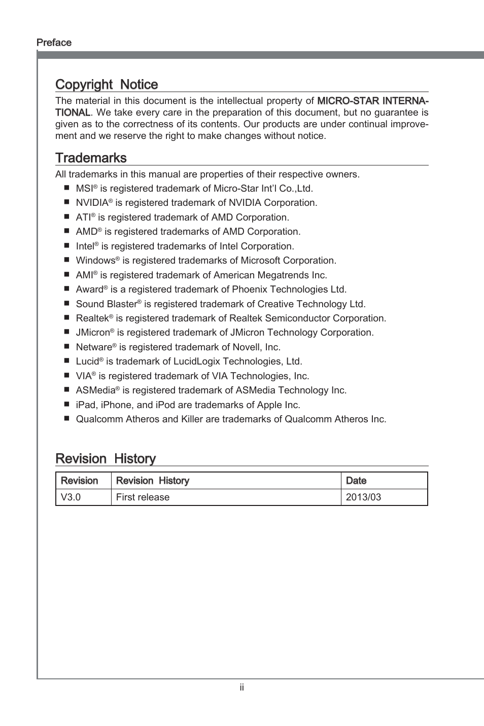 Copyrght notce, Trademarks, Revson hstory | MSI Z77A-G45 GAMING User Manual | Page 2 / 96