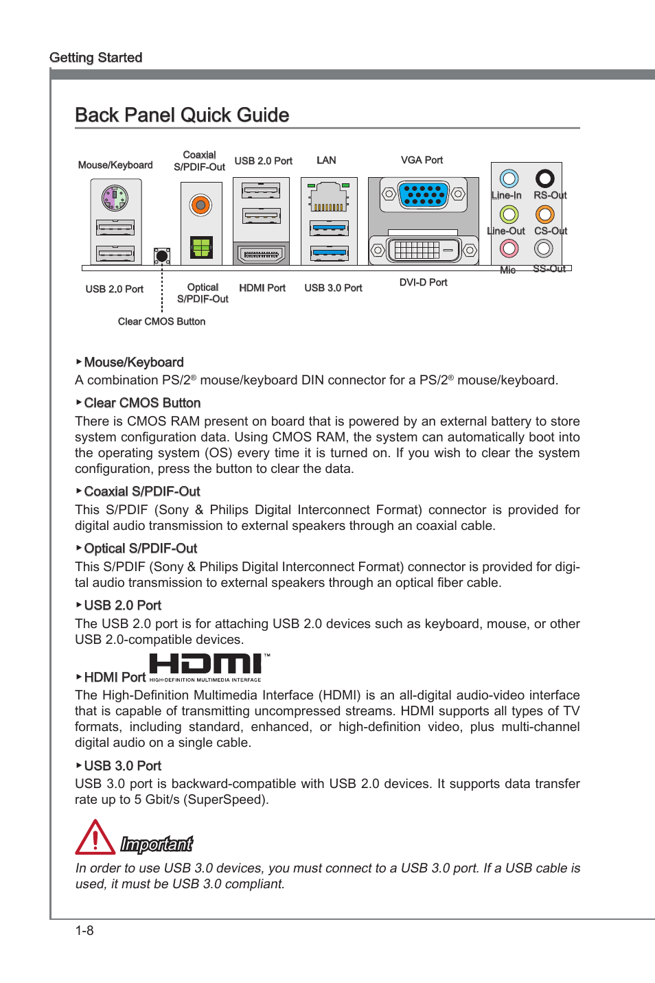 Back panel quck gude -8, Back panel quck gude, Important | MSI Z77A-G45 GAMING User Manual | Page 20 / 96