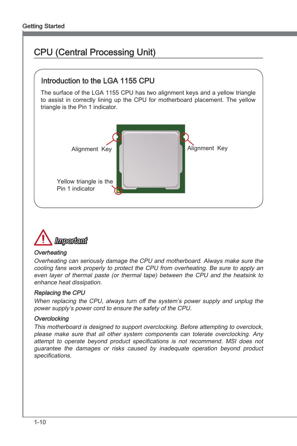Cpu (central processng unt) -10, Cpu (central processng unt), Introducton to the lga 1155 cpu | Important | MSI Z77A-G45 GAMING User Manual | Page 22 / 96