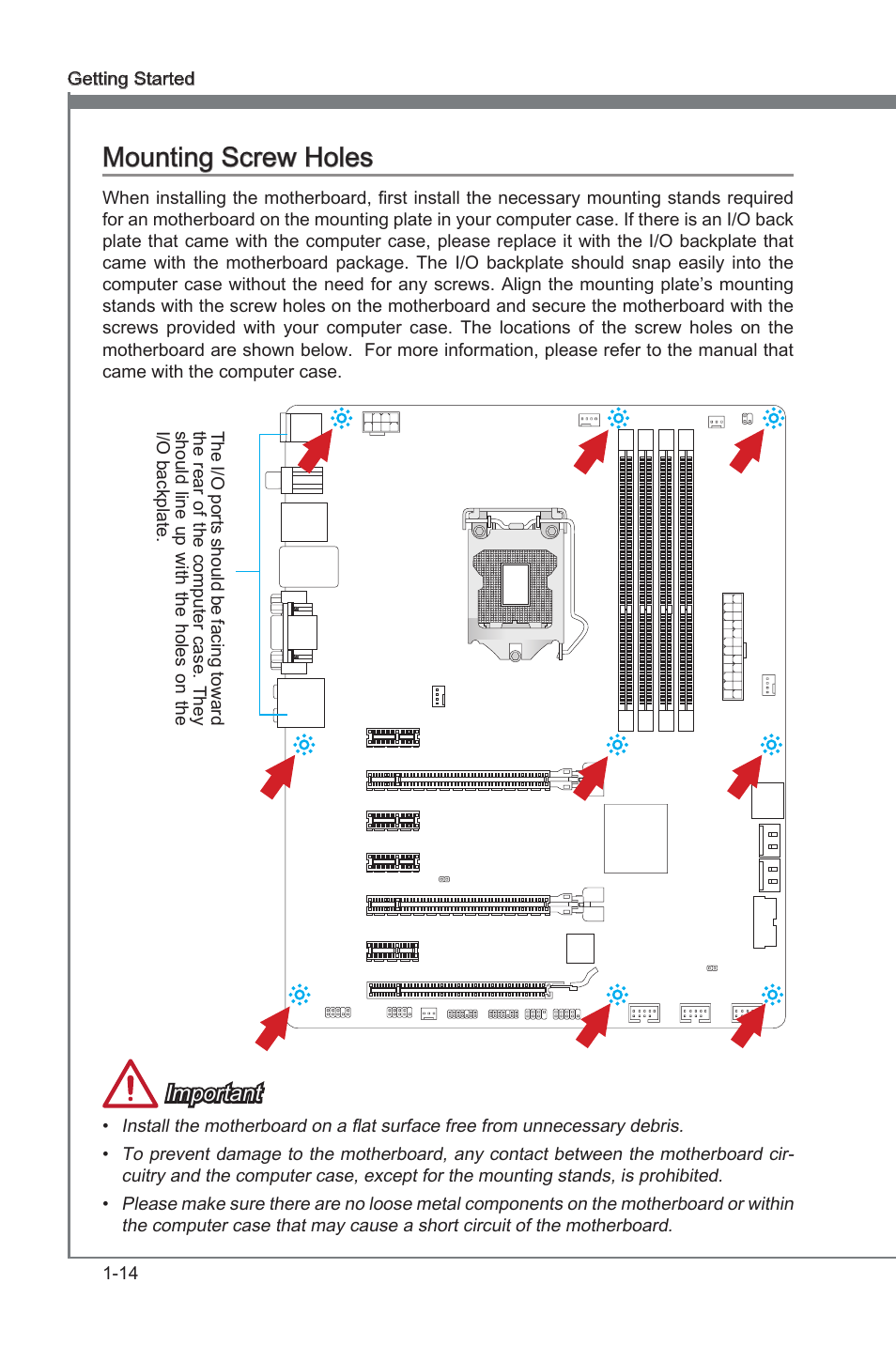 Mountng screw holes -14, Mountng screw holes, Important | MSI Z77A-G45 GAMING User Manual | Page 26 / 96