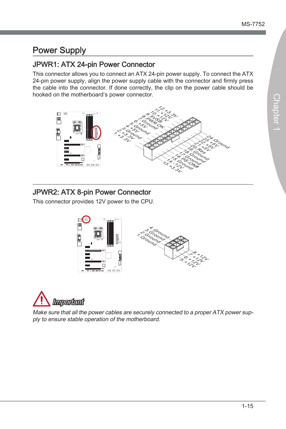 Power supply -15, Jpwr1, Atx 24-pn power connector | Jpwr2, Atx 8-pn power connector, Chapter 1 power supply, Jpwr1: atx 24-pn power connector, Jpwr2: atx 8-pn power connector, Important | MSI Z77A-G45 GAMING User Manual | Page 27 / 96