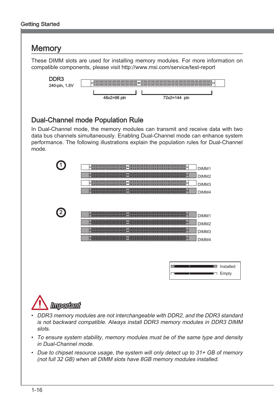 Memory -16, Dual-channel mode populaton rule, Important | MSI Z77A-G45 GAMING User Manual | Page 28 / 96