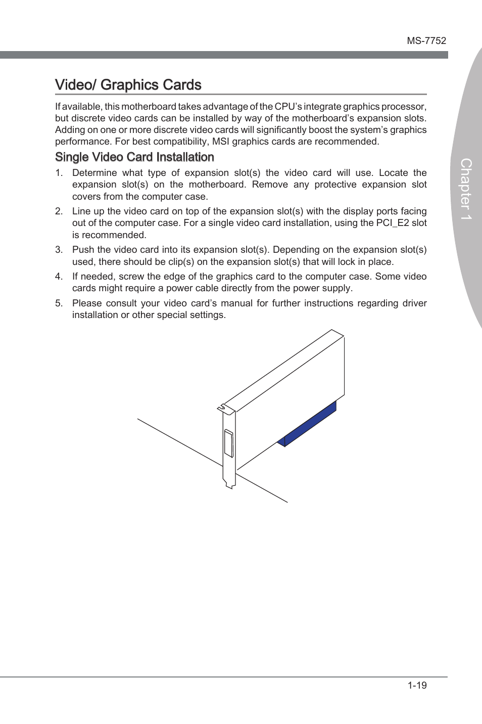 Vdeo/ graphcs cards -19, Chapter 1 vdeo/ graphcs cards, Sngle vdeo card installaton | MSI Z77A-G45 GAMING User Manual | Page 31 / 96