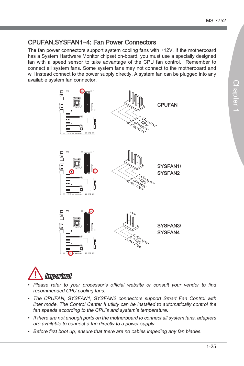 Chapter 1, Cpufan,sysfan1~4: fan power connectors, Important | MSI Z77A-G45 GAMING User Manual | Page 37 / 96