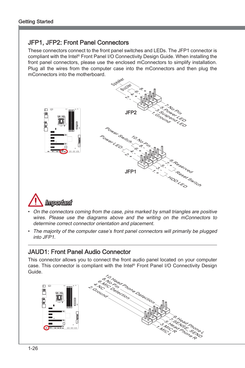Jfp1, jfp2, Front panel connectors, Jfp1, jfp2: front panel connectors | Important, Jaud1: front panel audo connector | MSI Z77A-G45 GAMING User Manual | Page 38 / 96