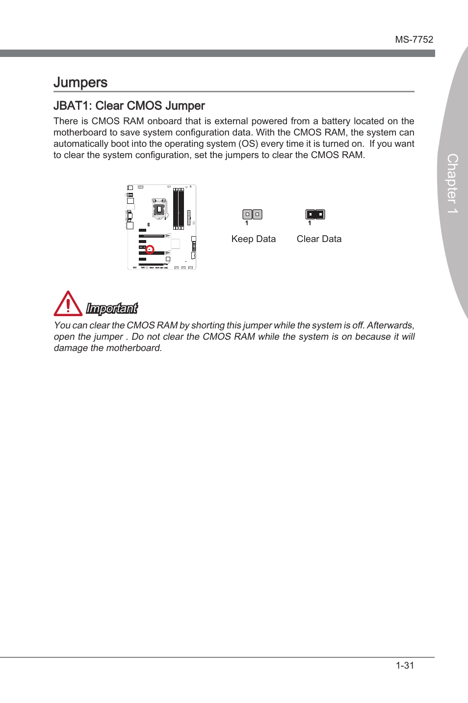 Jumpers -31, Jbat1, Clear cmos jumper | Chapter 1 jumpers, Jbat1: clear cmos jumper, Important | MSI Z77A-G45 GAMING User Manual | Page 43 / 96