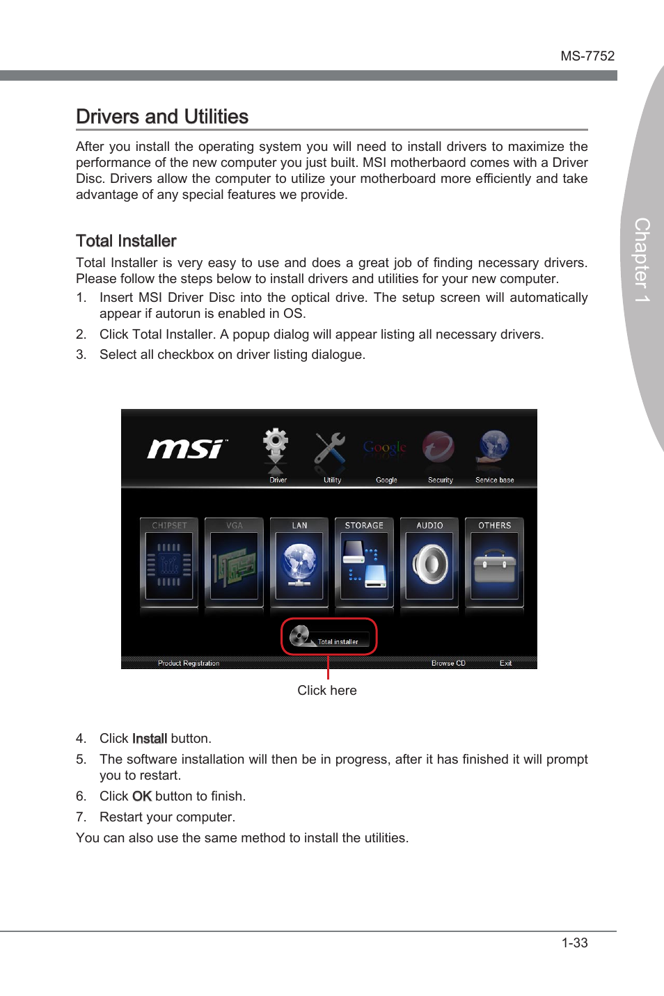 Drvers and utltes -33, Chapter 1 drvers and utltes, Total installer | MSI Z77A-G45 GAMING User Manual | Page 45 / 96