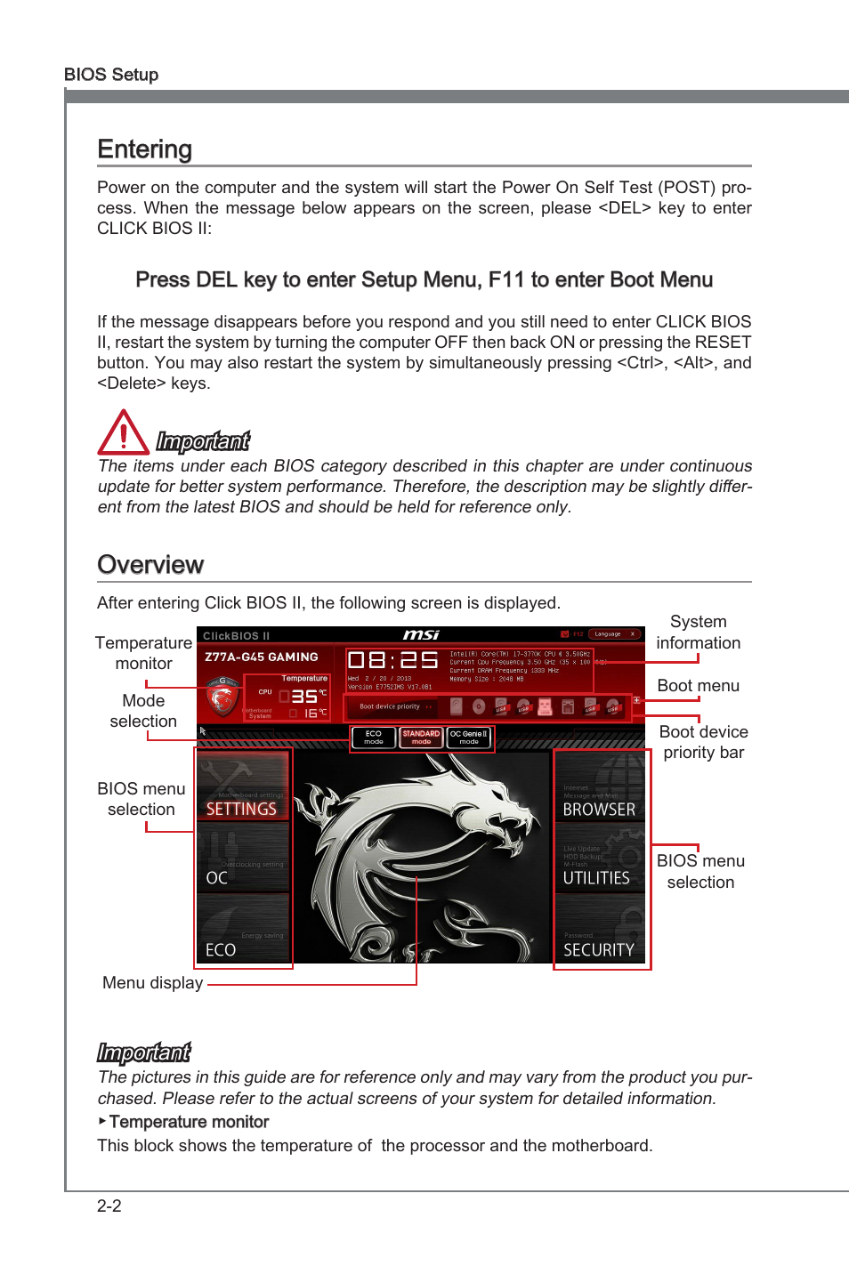 Enterng -2 overvew -2, Enterng, Overvew | Important | MSI Z77A-G45 GAMING User Manual | Page 48 / 96