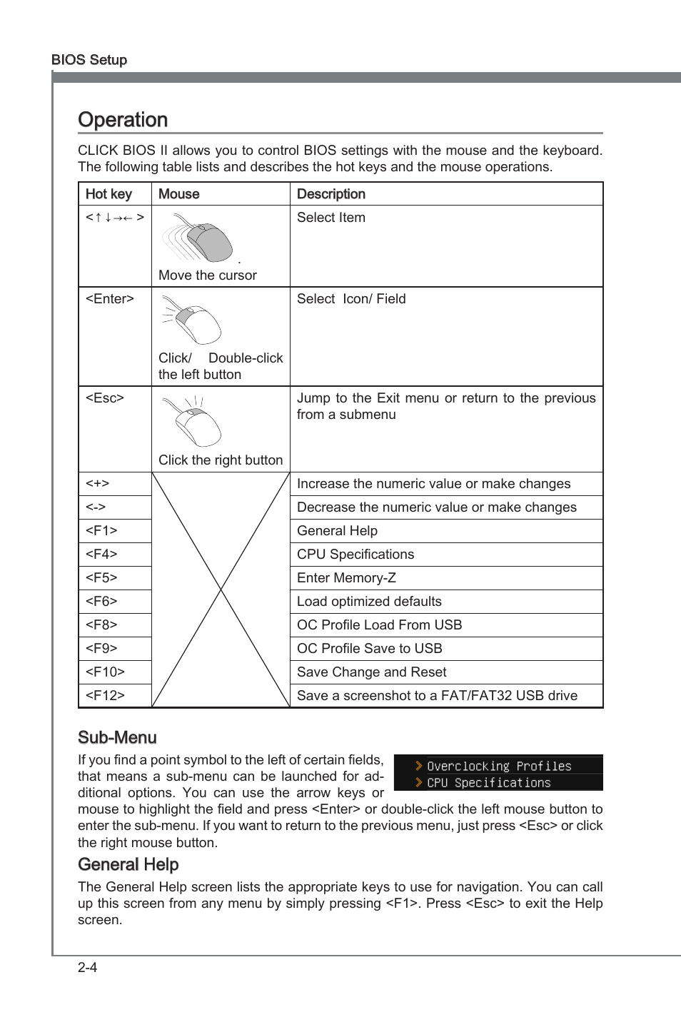 Operaton -4, Operaton, Sub-menu | General help | MSI Z77A-G45 GAMING User Manual | Page 50 / 96