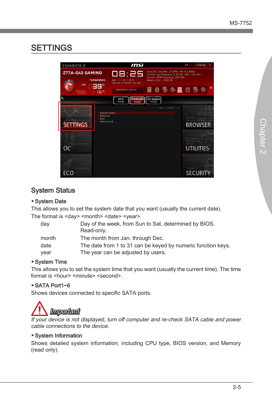 Settings -5, Chapter 2 settings, System status | Important | MSI Z77A-G45 GAMING User Manual | Page 51 / 96