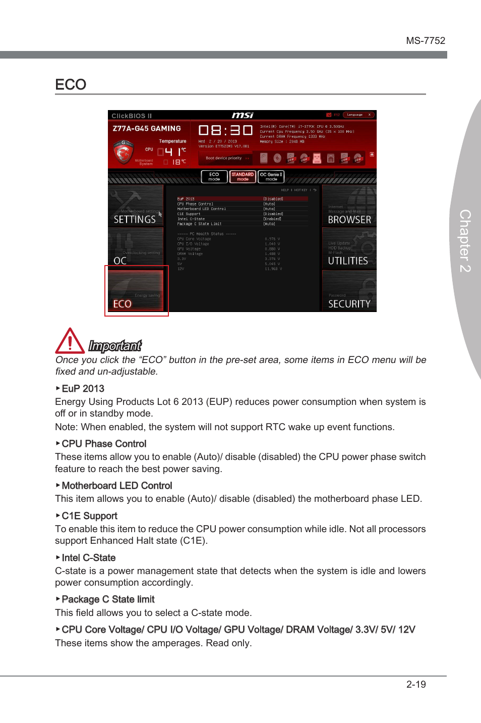 Eco -19, Chapter 2 eco, Important | MSI Z77A-G45 GAMING User Manual | Page 65 / 96