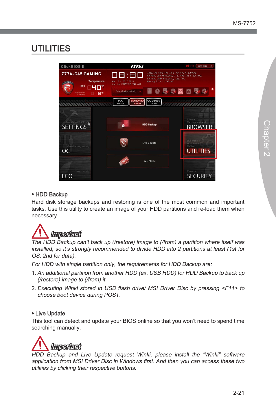 Utilities -21, Chapter 2 utilities, Important | MSI Z77A-G45 GAMING User Manual | Page 67 / 96