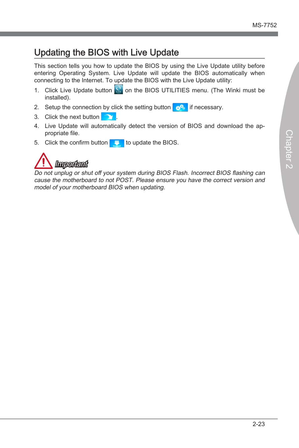 Updatng the bios wth lve update -23, Chapter 2 updatng the bios wth lve update, Important | MSI Z77A-G45 GAMING User Manual | Page 69 / 96