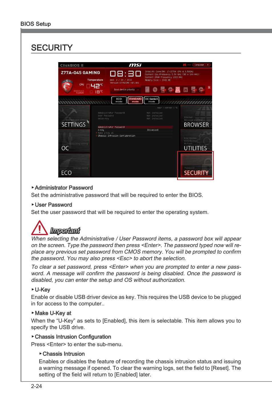 Security -24, Security, Important | MSI Z77A-G45 GAMING User Manual | Page 70 / 96