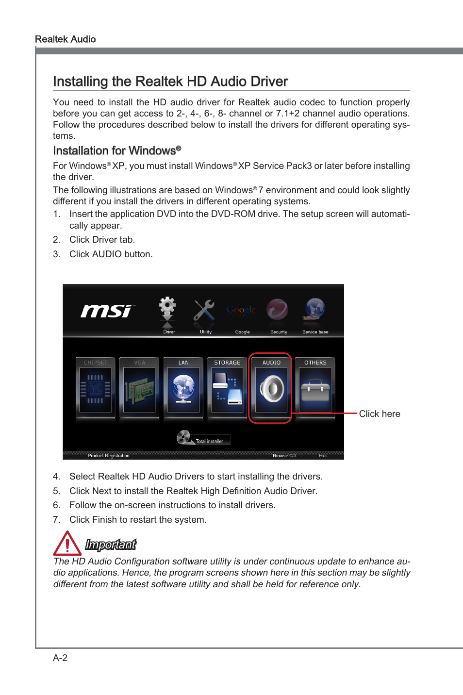Installng the realtek hd audo drver, Installaton for wndows, Important | MSI Z77A-G45 GAMING User Manual | Page 72 / 96