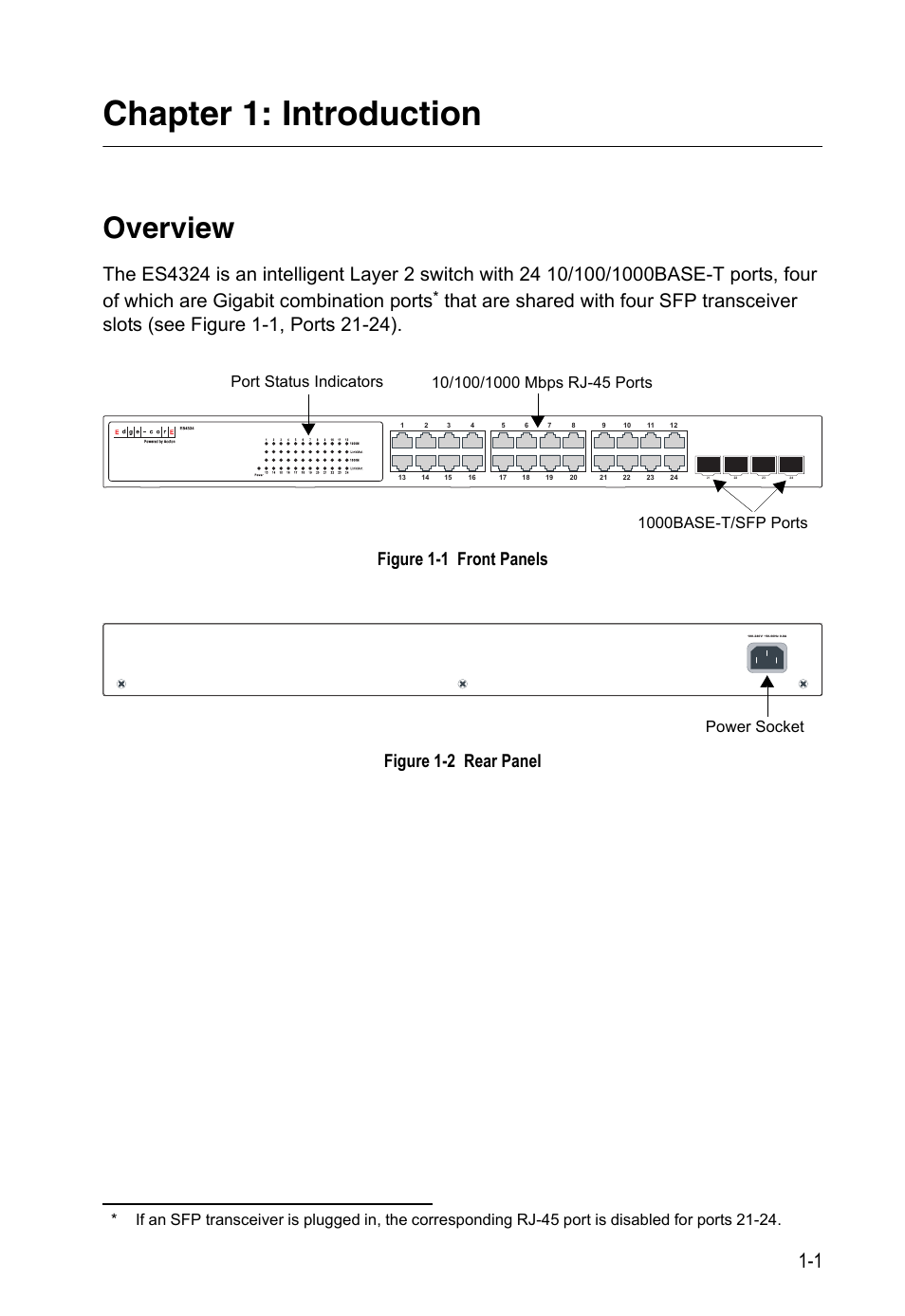 Chapter 1: introduction, Overview, Chapter 1: introduction 1-1 | Overview 1-1, Figure 1-1, Front panels, Figure 1-2, Rear panel, Figure 1-1 front panels figure 1-2 rear panel, Power socket | Accton Technology Edge-corE 24-Port Gigabit Ethernet Lite Switch ES4324 User Manual | Page 17 / 60