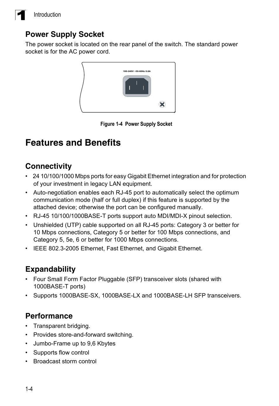 Power supply socket, Features and benefits, Connectivity | Expandability, Performance, Connectivity 1-4 expandability 1-4 performance 1-4, Figure 1-4 | Accton Technology Edge-corE 24-Port Gigabit Ethernet Lite Switch ES4324 User Manual | Page 20 / 60