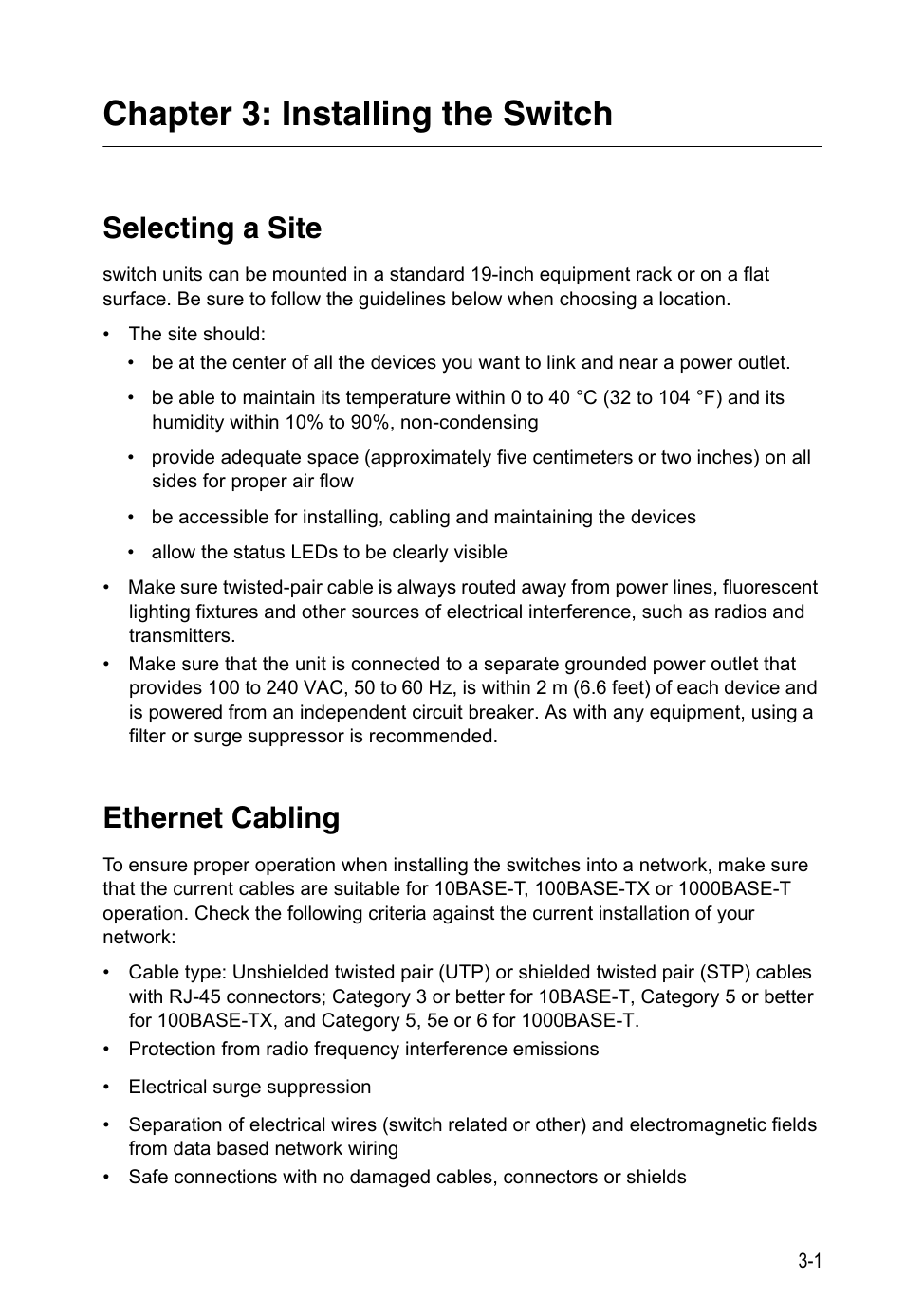 Chapter 3: installing the switch, Selecting a site, Ethernet cabling | Accton Technology Edge-corE 24-Port Gigabit Ethernet Lite Switch ES4324 User Manual | Page 29 / 60