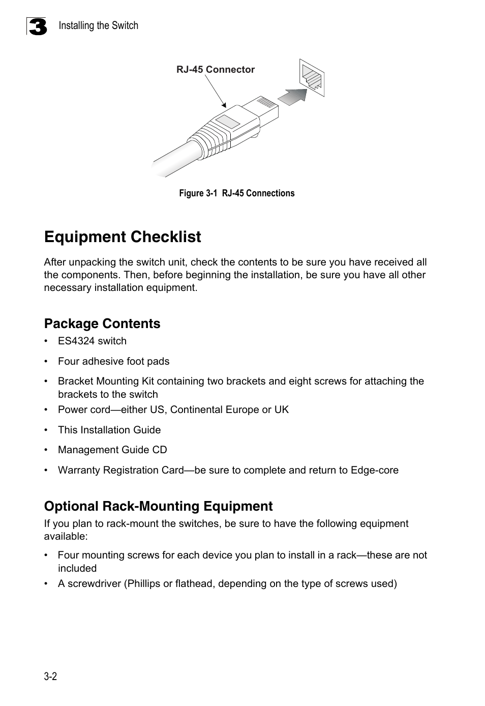 Equipment checklist, Package contents, Optional rack-mounting equipment | Figure 3-1, Rj-45 connections | Accton Technology Edge-corE 24-Port Gigabit Ethernet Lite Switch ES4324 User Manual | Page 30 / 60