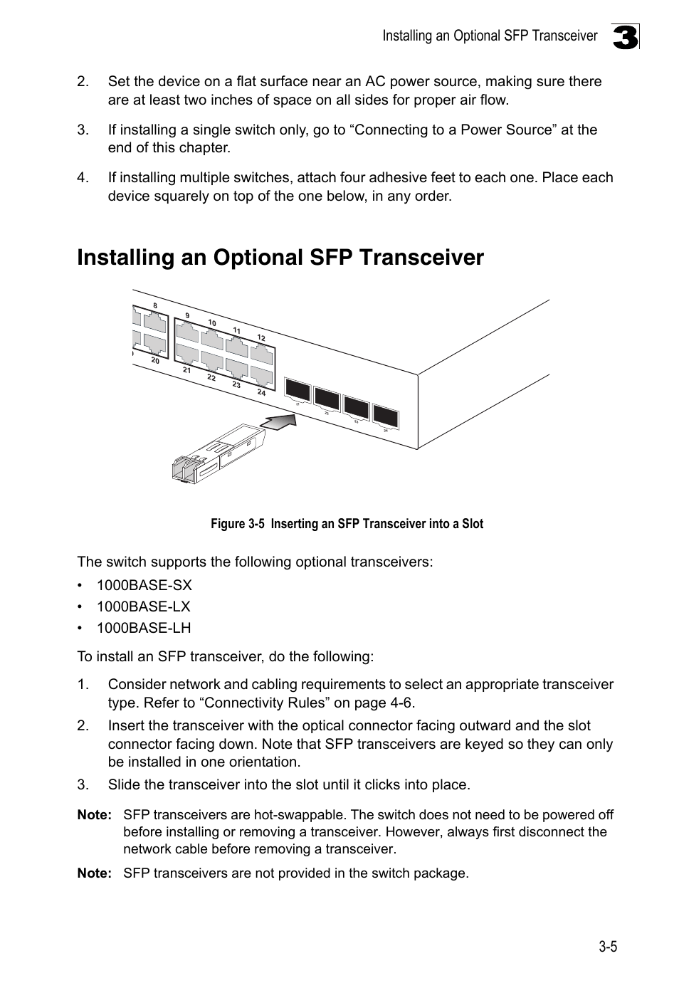 Installing an optional sfp transceiver, Figure 3-5, Inserting an sfp transceiver into a slot | Installing an optional sfp transceiver 3-5 | Accton Technology Edge-corE 24-Port Gigabit Ethernet Lite Switch ES4324 User Manual | Page 33 / 60