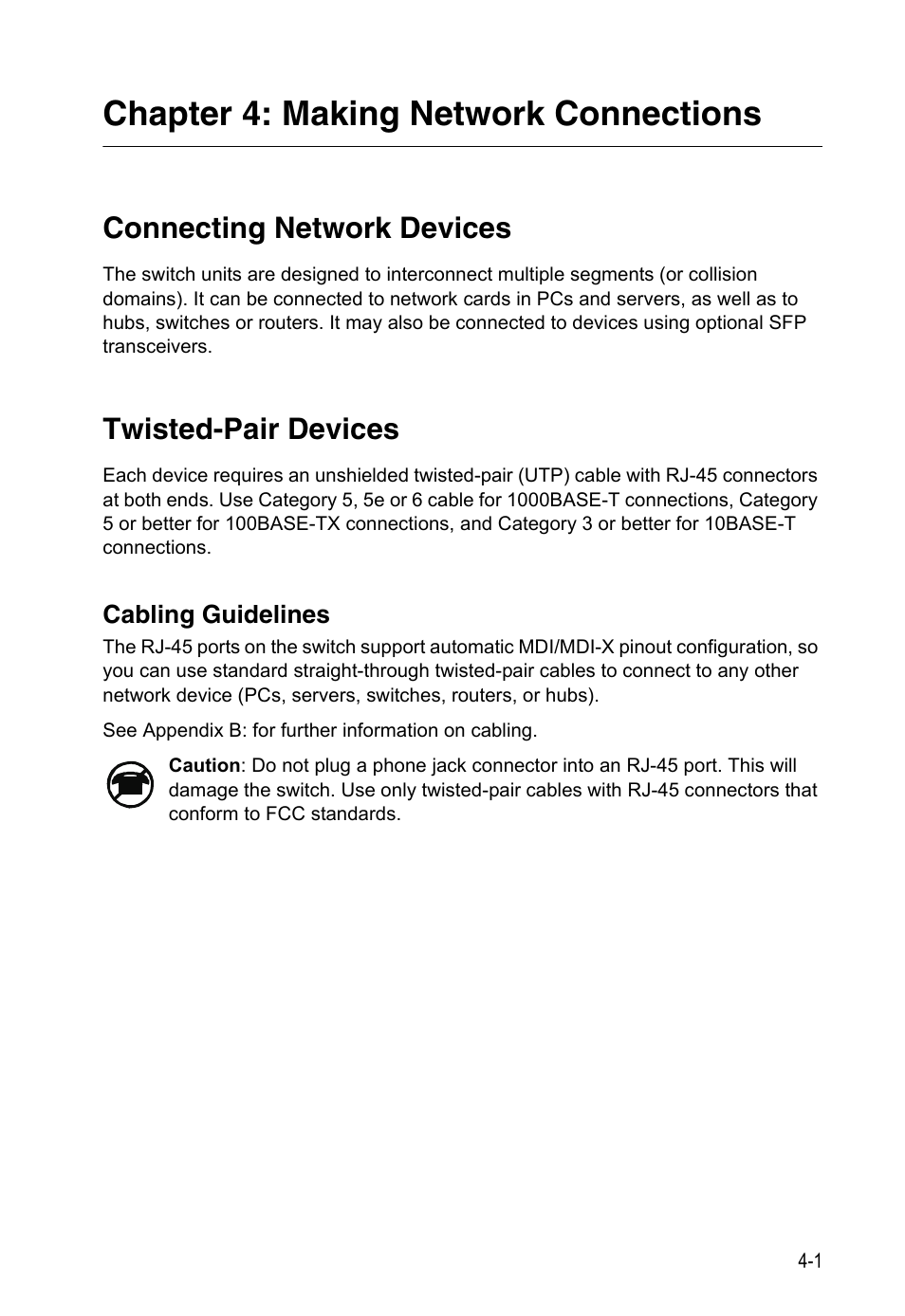 Chapter 4: making network connections, Connecting network devices, Twisted-pair devices | Cabling guidelines | Accton Technology Edge-corE 24-Port Gigabit Ethernet Lite Switch ES4324 User Manual | Page 35 / 60