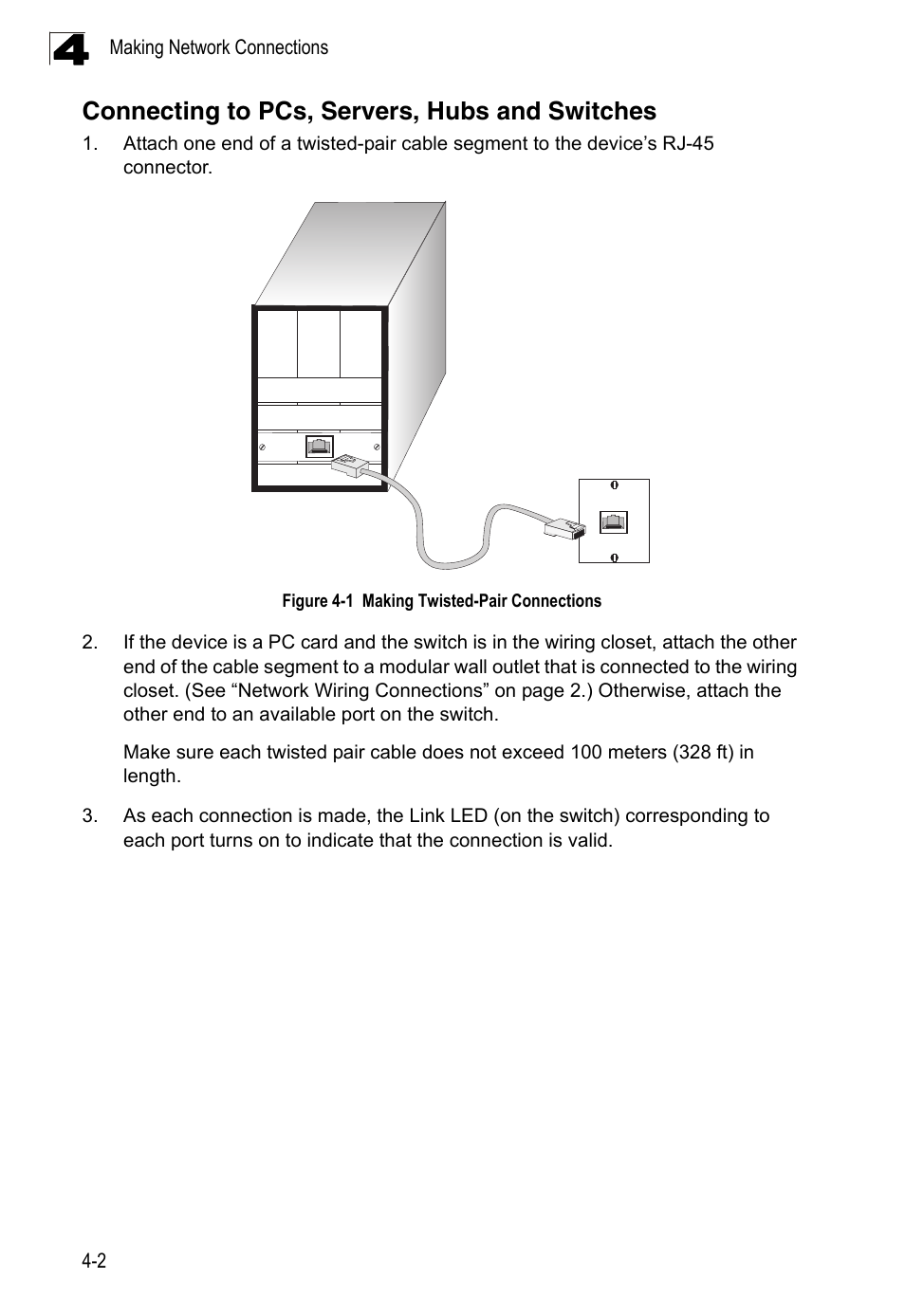 Connecting to pcs, servers, hubs and switches, Figure 4-1, Making twisted-pair connections | Accton Technology Edge-corE 24-Port Gigabit Ethernet Lite Switch ES4324 User Manual | Page 36 / 60