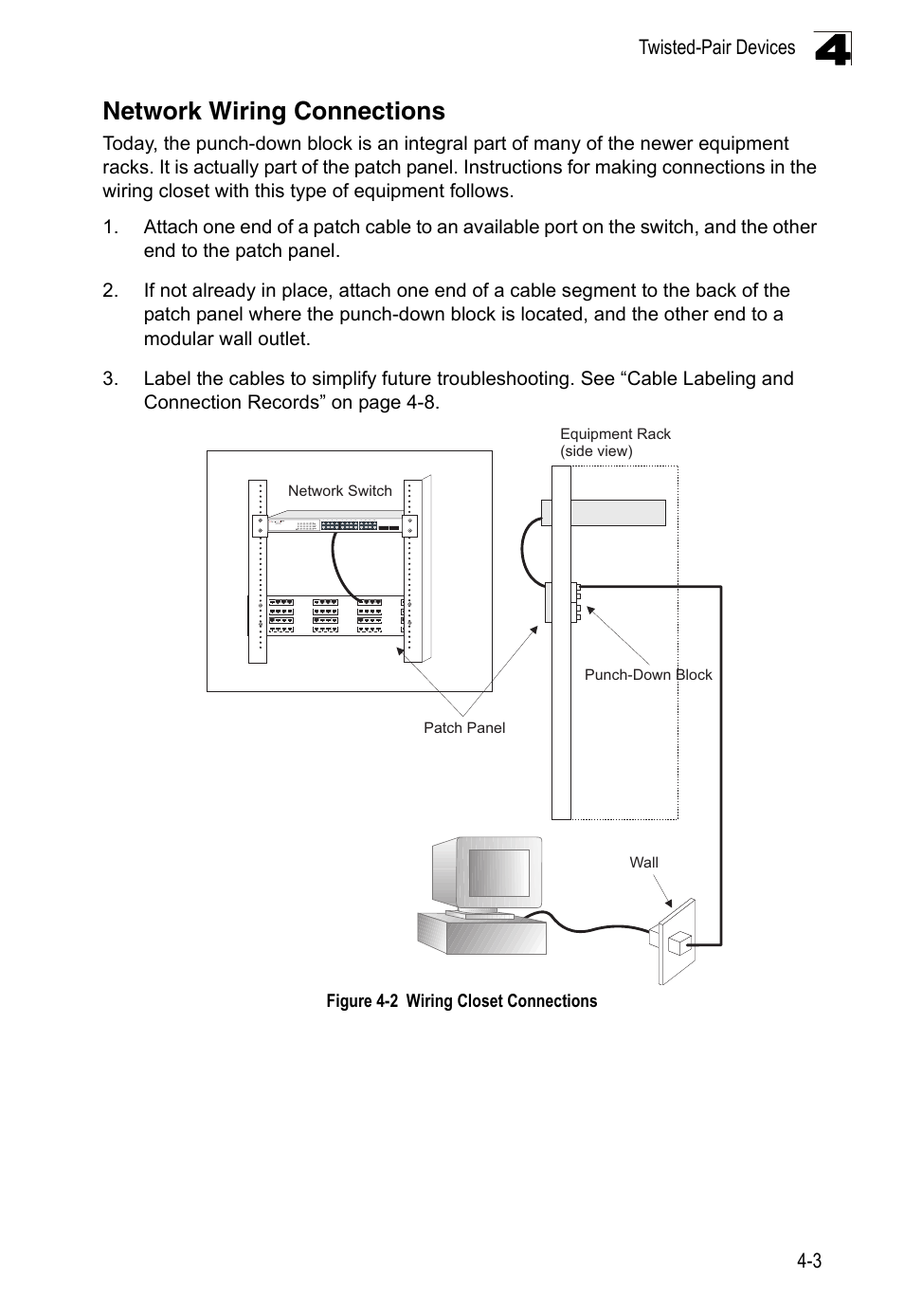 Network wiring connections, Figure 4-2, Wiring closet connections | Twisted-pair devices 4-3 | Accton Technology Edge-corE 24-Port Gigabit Ethernet Lite Switch ES4324 User Manual | Page 37 / 60