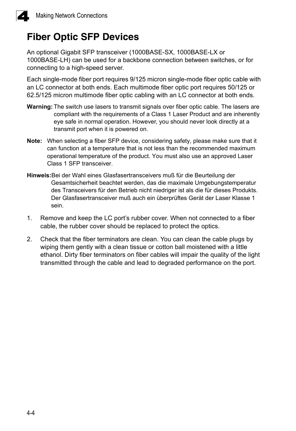 Fiber optic sfp devices | Accton Technology Edge-corE 24-Port Gigabit Ethernet Lite Switch ES4324 User Manual | Page 38 / 60