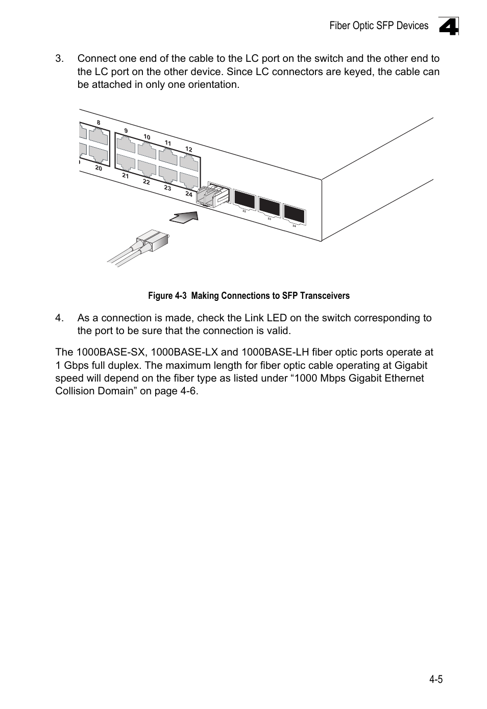 Figure 4-3, Making connections to sfp transceivers, Fiber optic sfp devices 4-5 | Figure 4-3 making connections to sfp transceivers | Accton Technology Edge-corE 24-Port Gigabit Ethernet Lite Switch ES4324 User Manual | Page 39 / 60