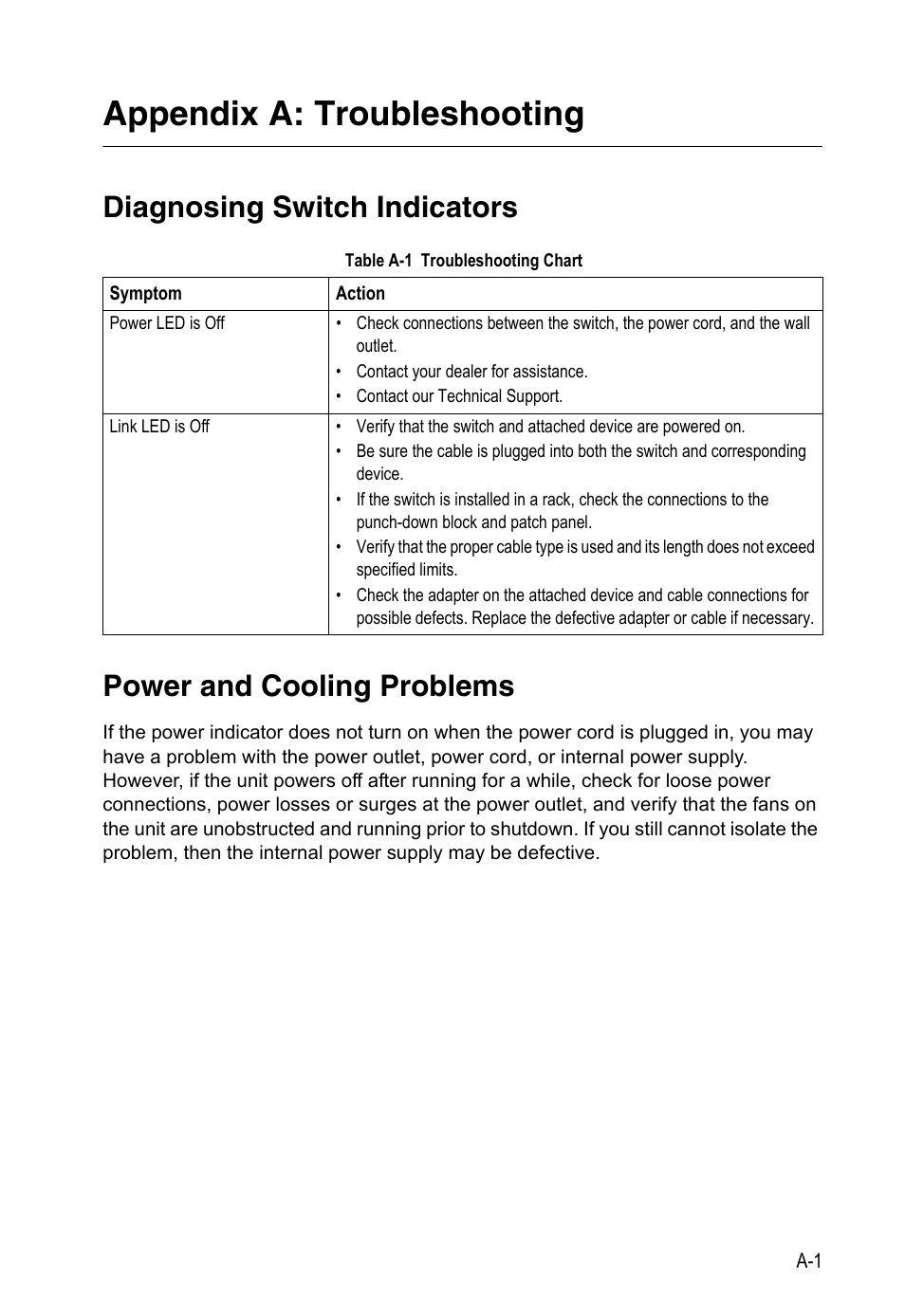 Appendix a: troubleshooting, Diagnosing switch indicators, Power and cooling problems | Table a-1, Troubleshooting chart | Accton Technology Edge-corE 24-Port Gigabit Ethernet Lite Switch ES4324 User Manual | Page 43 / 60