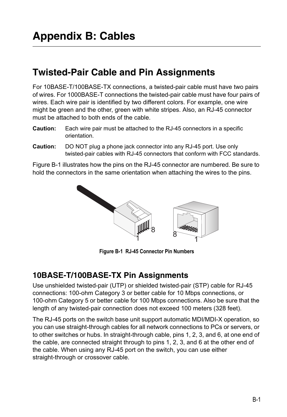 Appendix b: cables, Twisted-pair cable and pin assignments, 10base-t/100base-tx pin assignments | Figure b-1, Rj-45 connector pin numbers | Accton Technology Edge-corE 24-Port Gigabit Ethernet Lite Switch ES4324 User Manual | Page 45 / 60