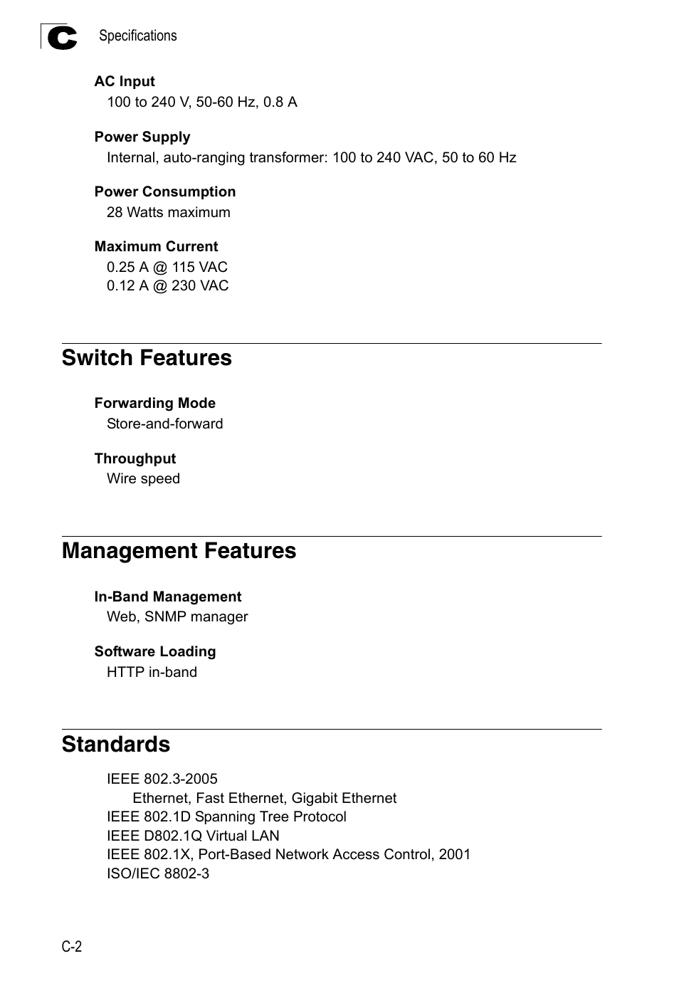 Switch features, Management features, Standards | Accton Technology Edge-corE 24-Port Gigabit Ethernet Lite Switch ES4324 User Manual | Page 50 / 60