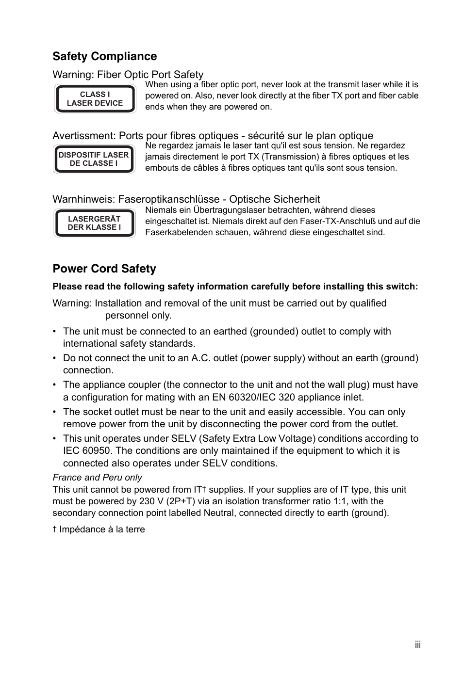 Safety compliance, Power cord safety | Accton Technology Edge-corE 24-Port Gigabit Ethernet Lite Switch ES4324 User Manual | Page 7 / 60