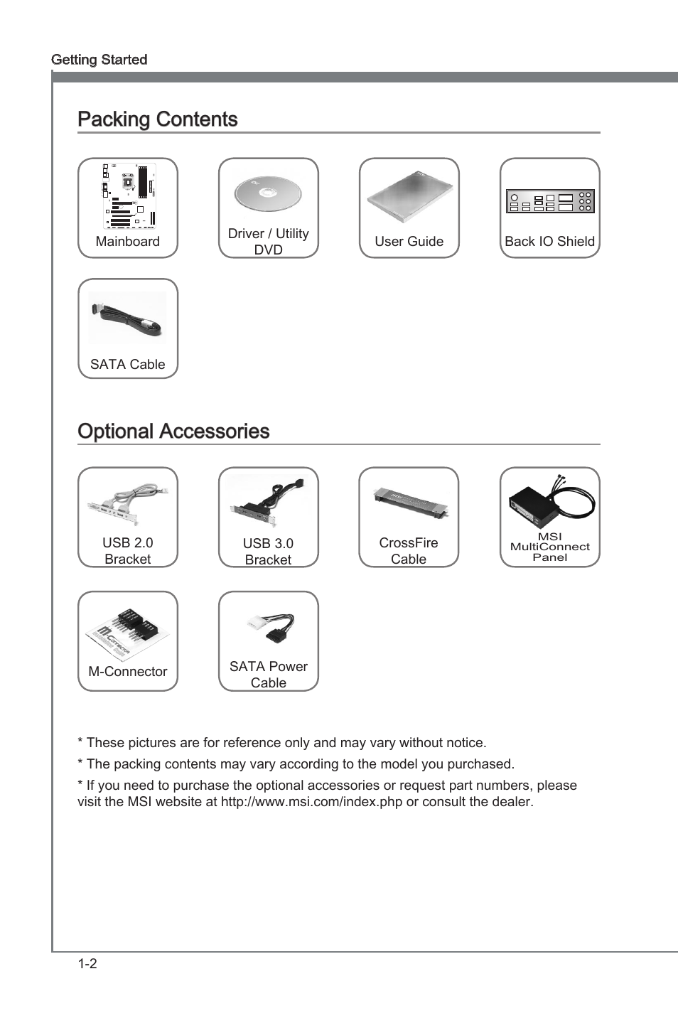 Packing contents, Optional accessories, Packng contents -2 optonal accessores -2 | Packng contents, Optonal accessores | MSI Z77A-G43 GAMING User Manual | Page 14 / 98