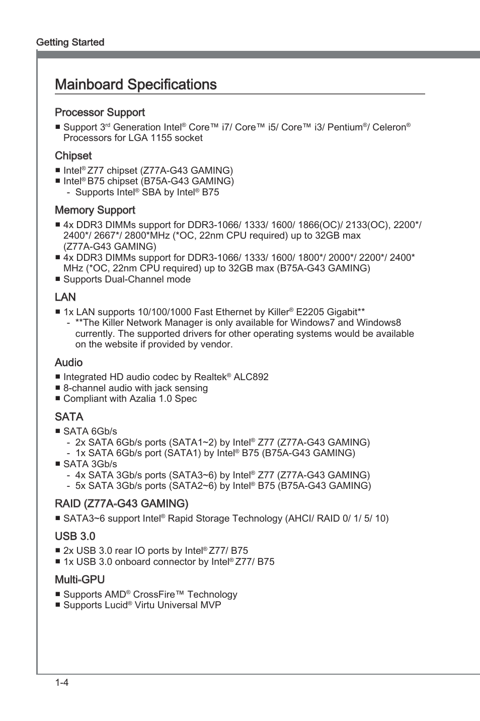 Mainboard specifications, Manboard specficatons -4, Manboard specficatons | MSI Z77A-G43 GAMING User Manual | Page 16 / 98