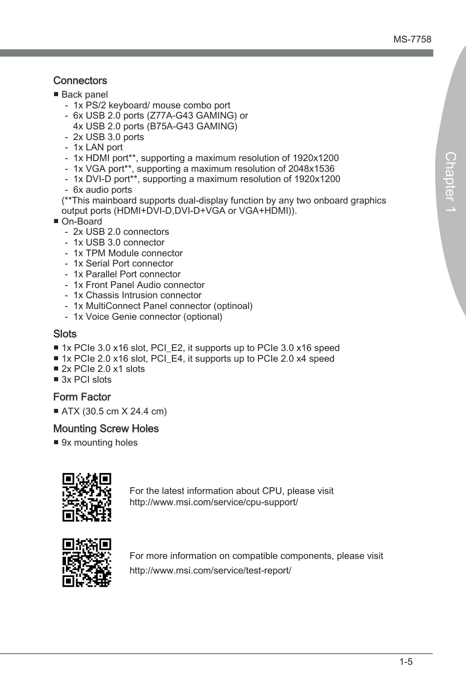 Chapter 1 | MSI Z77A-G43 GAMING User Manual | Page 17 / 98
