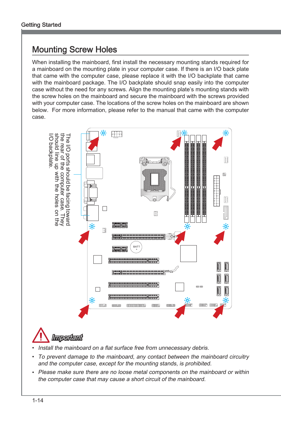Mounting screw holes, Mountng screw holes -14, Mountng screw holes | Important | MSI Z77A-G43 GAMING User Manual | Page 26 / 98