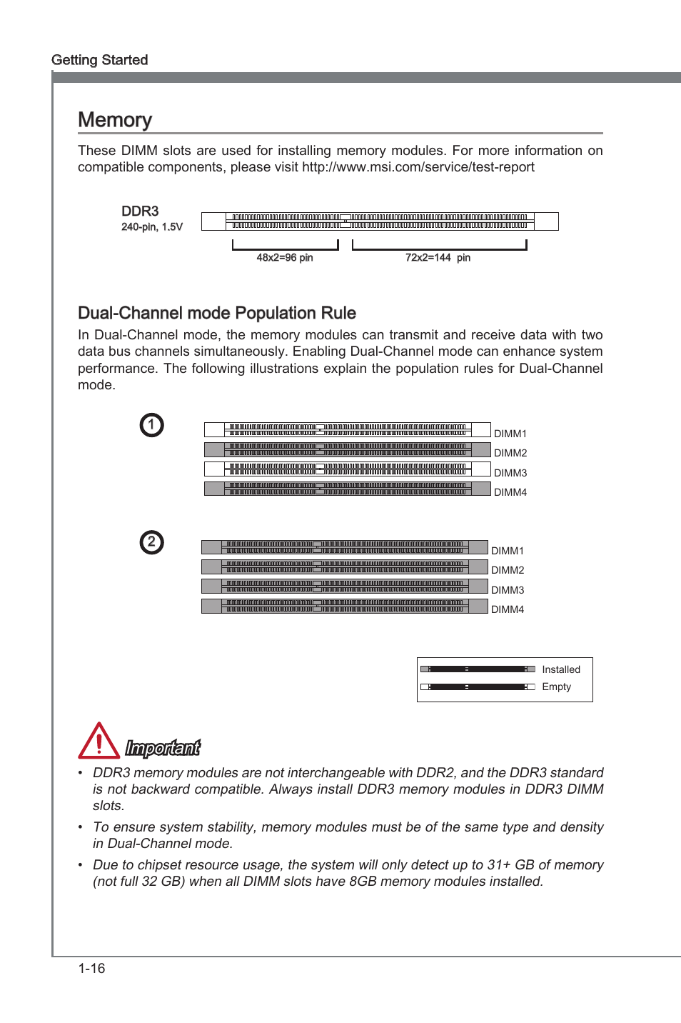 Memory, Dual-channel mode population rule, Memory -16 | Dual-channel mode populaton rule, Important | MSI Z77A-G43 GAMING User Manual | Page 28 / 98
