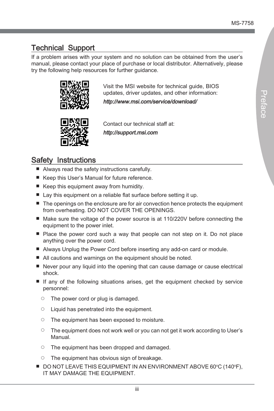 Technical support, Safety instructions, Preface | Techncal support, Safety instructons | MSI Z77A-G43 GAMING User Manual | Page 3 / 98